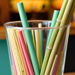 **Bamboo straw in a refreshing drink:** Close-up shot of a reusable bamboo straw in a colorful beverage, emphasizing its natural texture and eco-friendly appeal. Soft, diffused lighting. Background blurred, suggesting a cafe or home setting.