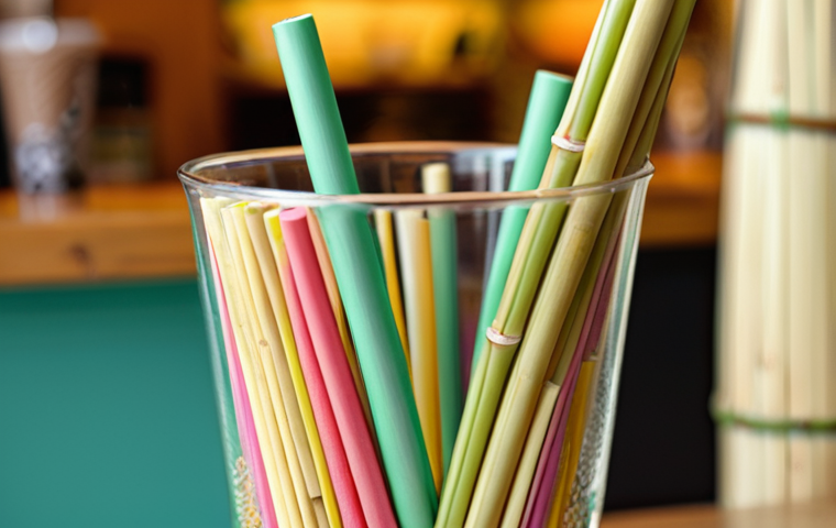 **Bamboo straw in a refreshing drink:** Close-up shot of a reusable bamboo straw in a colorful beverage, emphasizing its natural texture and eco-friendly appeal. Soft, diffused lighting. Background blurred, suggesting a cafe or home setting.