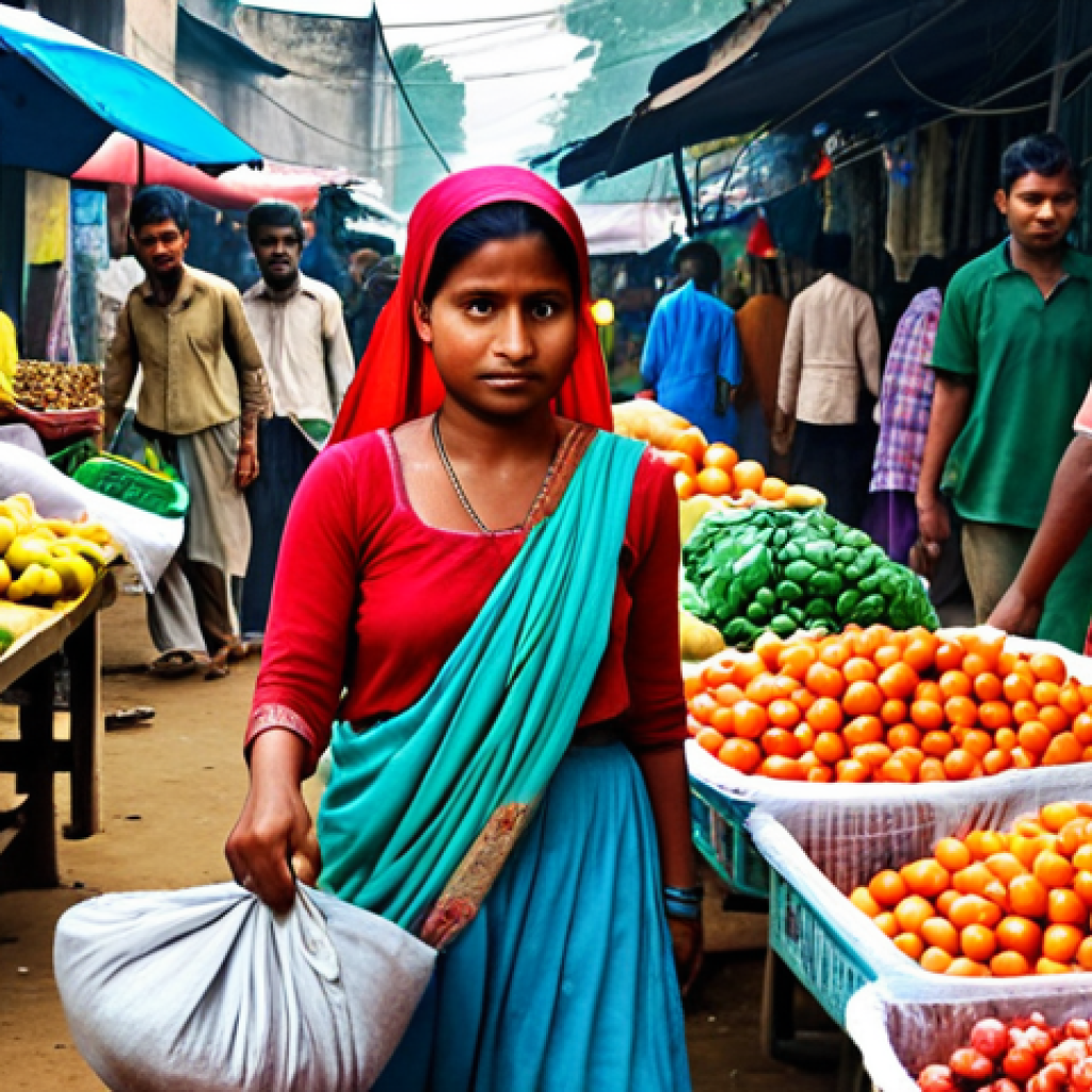 **A vibrant scene depicting a woman using a cloth bag at a bustling market in Bangladesh. The background shows vendors selling fresh produce, and there are reusable steel water bottles visible. The overall feeling should be positive and eco-friendly.**