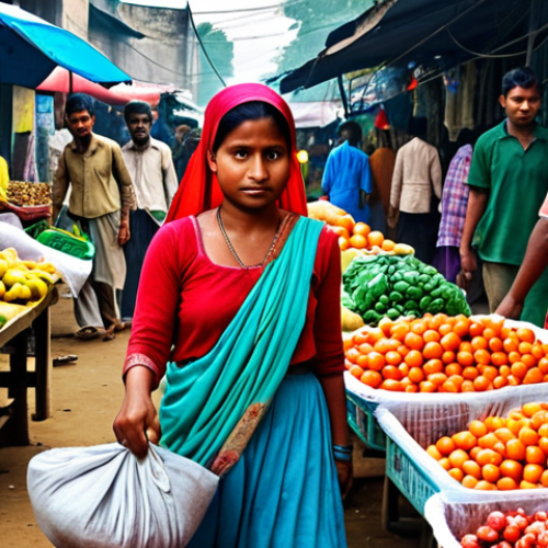 Home 14 **A vibrant scene depicting a woman using a cloth bag at a bustling market in Bangladesh. The background shows vendors selling fresh produce, and there are reusable steel water bottles visible. The overall feeling should be positive and eco-friendly.**