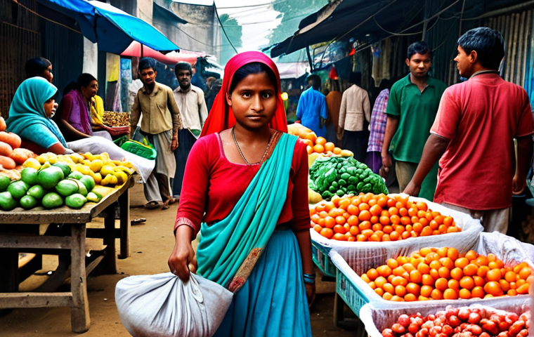 **A vibrant scene depicting a woman using a cloth bag at a bustling market in Bangladesh. The background shows vendors selling fresh produce, and there are reusable steel water bottles visible. The overall feeling should be positive and eco-friendly.**