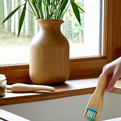 Home 7 **
"A cozy, brightly lit scene in a modern home, showcasing a blend of traditional warmth and contemporary eco-conscious living. Focus on close-up details: a hand reaching for a bamboo toothbrush by a sink, beside it a solid shampoo bar and a natural loofah sponge. In the kitchen area, glass jars neatly filled with grains and spices are visible on a wooden counter, next to a bowl covered with a reusable silicone lid. A natural jute or fabric shopping bag rests casually nearby. The overall ambiance is peaceful and inviting, emphasizing the integration of sustainable choices into daily life. Natural light streams in, highlighting the textures of natural materials."
2. **Prompt for