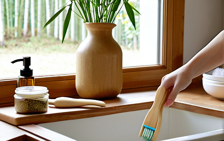 **
"A cozy, brightly lit scene in a modern home, showcasing a blend of traditional warmth and contemporary eco-conscious living. Focus on close-up details: a hand reaching for a bamboo toothbrush by a sink, beside it a solid shampoo bar and a natural loofah sponge. In the kitchen area, glass jars neatly filled with grains and spices are visible on a wooden counter, next to a bowl covered with a reusable silicone lid. A natural jute or fabric shopping bag rests casually nearby. The overall ambiance is peaceful and inviting, emphasizing the integration of sustainable choices into daily life. Natural light streams in, highlighting the textures of natural materials."
2. **Prompt for