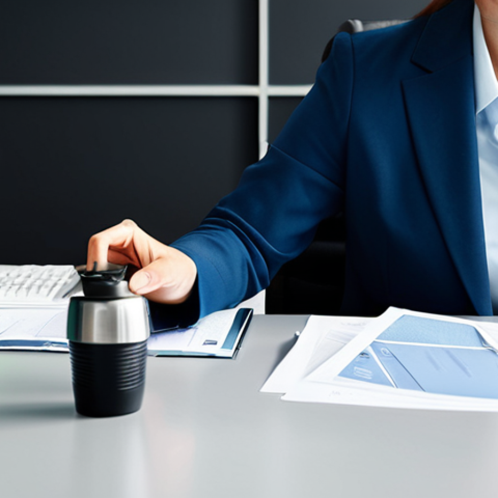**Prompt:** A modern office scene, featuring a businesswoman in a modest business suit at her desk. She's using a reusable water bottle and a ceramic coffee mug. The office includes recycling bins for paper and plastic. fully clothed, appropriate attire, safe for work, perfect anatomy, natural proportions, professional photography, high quality, family-friendly.