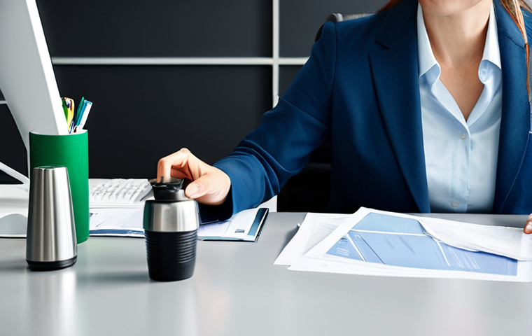 **Prompt:** A modern office scene, featuring a businesswoman in a modest business suit at her desk. She's using a reusable water bottle and a ceramic coffee mug. The office includes recycling bins for paper and plastic. fully clothed, appropriate attire, safe for work, perfect anatomy, natural proportions, professional photography, high quality, family-friendly.