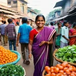 Home 10 일회용품 대체 사용 장려를 위한 캠페인 - **A Vibrant Bengali Market Scene with Sustainable Shopping:** A warm, sunny morning at a bustling op...