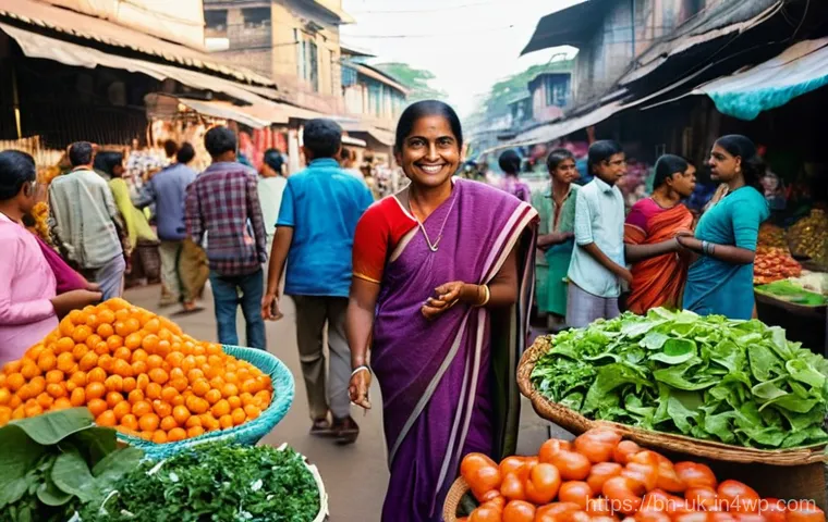 일회용품 대체 사용 장려를 위한 캠페인 - **A Vibrant Bengali Market Scene with Sustainable Shopping:** A warm, sunny morning at a bustling op...