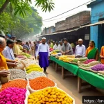 일회용품 대체 솔루션의 법적 규제 - A vibrant marketplace scene in Bangladesh featuring eco-friendly business practices: vendors selling...