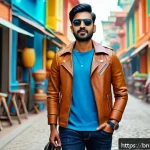 스마트폰 가방 대체 솔루션 - A stylish Bengali man wearing a modern leather smartphone carrying gadget around his waist, showcasi...