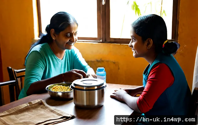 일회용품 대체 솔루션 관련 질문과 답변 - Photorealistic bright kitchen table in a Bangladeshi family home, an older woman and adult daughter ...